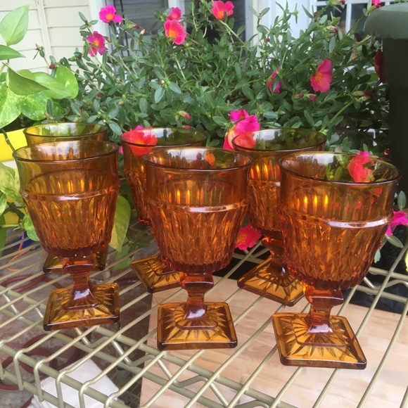 Vintage 6 Amber Glass Goblets Wedding Garden Party
